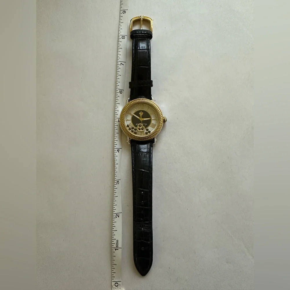Judith Ripka Gold/Black Odyssey Diamonique Stainless Steel Leather Watch